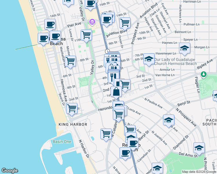 map of restaurants, bars, coffee shops, grocery stores, and more near 2 2nd Street in Hermosa Beach
