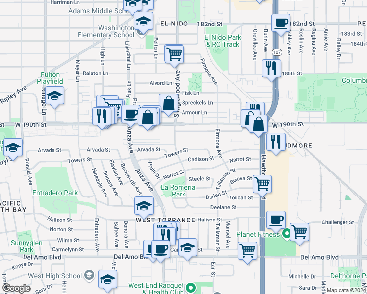 map of restaurants, bars, coffee shops, grocery stores, and more near 4753 Towers Street in Torrance