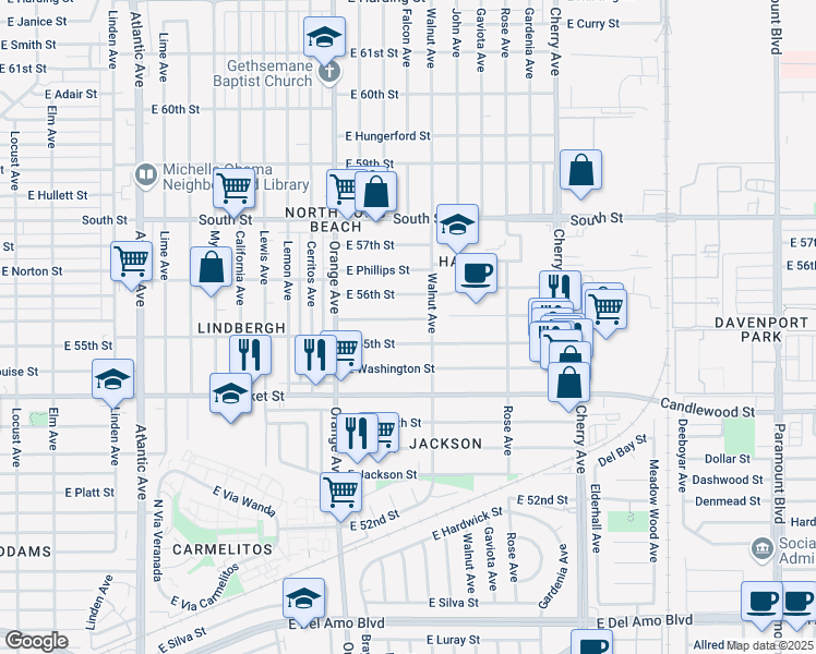 map of restaurants, bars, coffee shops, grocery stores, and more near 1456 East Michelson Street in Long Beach