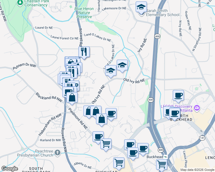 map of restaurants, bars, coffee shops, grocery stores, and more near 3505 Old Ivy Lane Northeast in Atlanta
