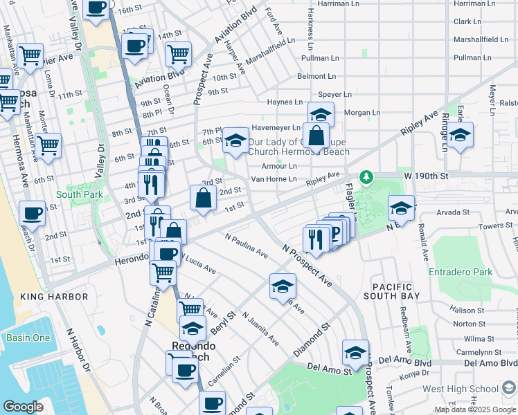 map of restaurants, bars, coffee shops, grocery stores, and more near 900 Prospect Avenue in Hermosa Beach