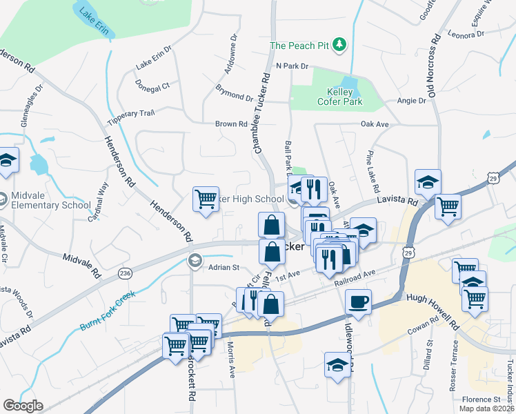 map of restaurants, bars, coffee shops, grocery stores, and more near 4149 Morgan Road in Tucker