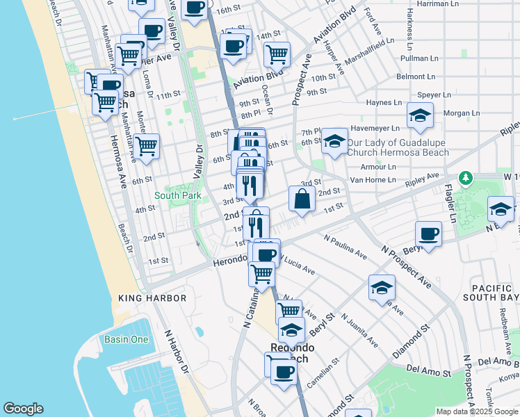 map of restaurants, bars, coffee shops, grocery stores, and more near 210 California 1 in Hermosa Beach