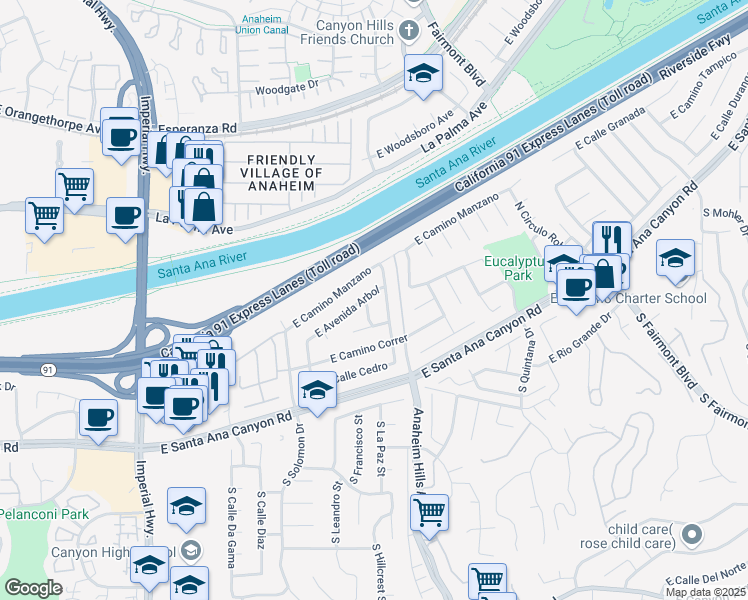 map of restaurants, bars, coffee shops, grocery stores, and more near 6070 East Avenida Arbol in Anaheim