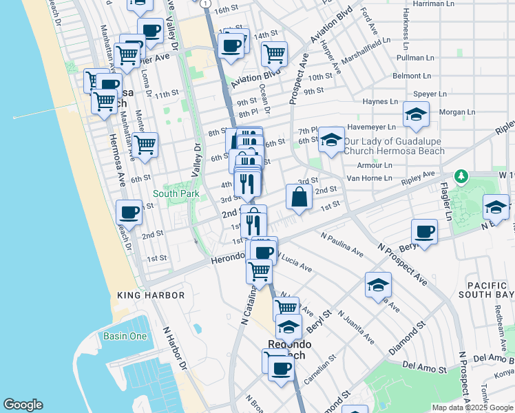 map of restaurants, bars, coffee shops, grocery stores, and more near 210 California 1 in Hermosa Beach