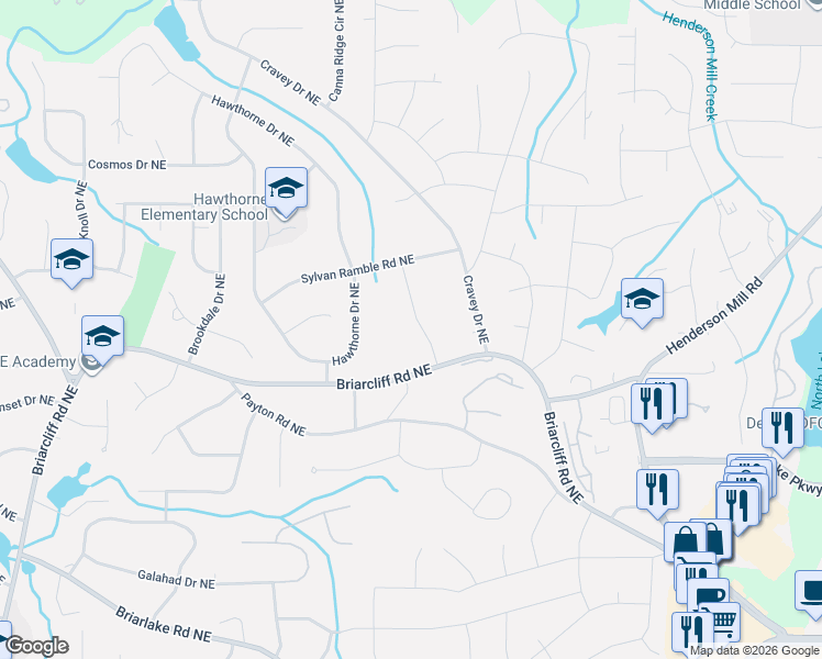 map of restaurants, bars, coffee shops, grocery stores, and more near 2432 Briarmoor Road Northeast in Atlanta