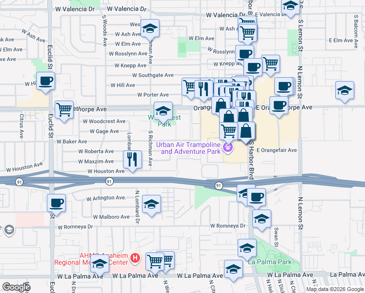 map of restaurants, bars, coffee shops, grocery stores, and more near 400 West Baker Avenue in Fullerton