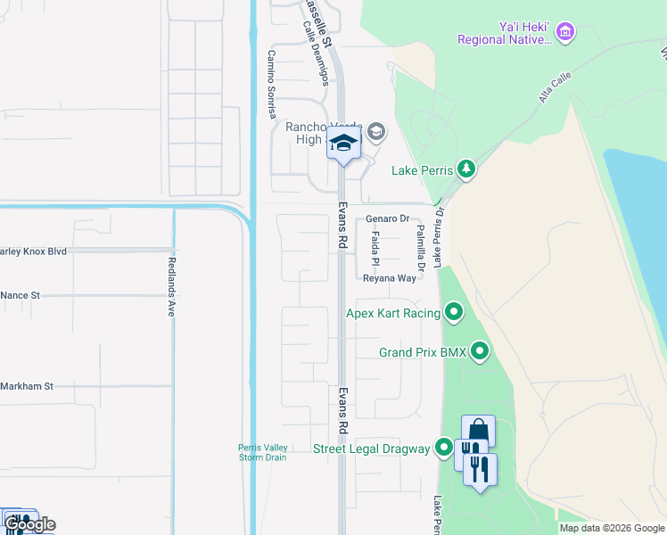 map of restaurants, bars, coffee shops, grocery stores, and more near 4509 Highland Avenue in Perris
