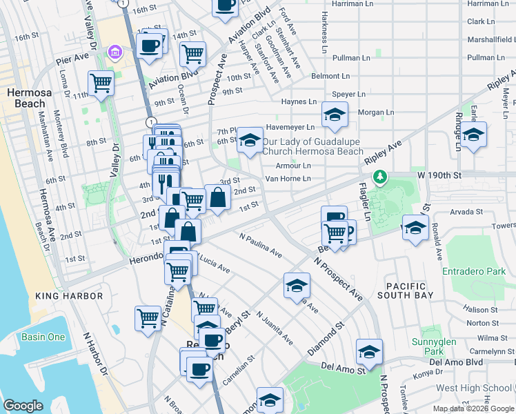 map of restaurants, bars, coffee shops, grocery stores, and more near 1232 1st Street in Hermosa Beach