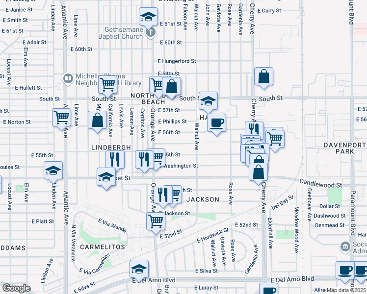 map of restaurants, bars, coffee shops, grocery stores, and more near 1430 East Michelson Street in Long Beach