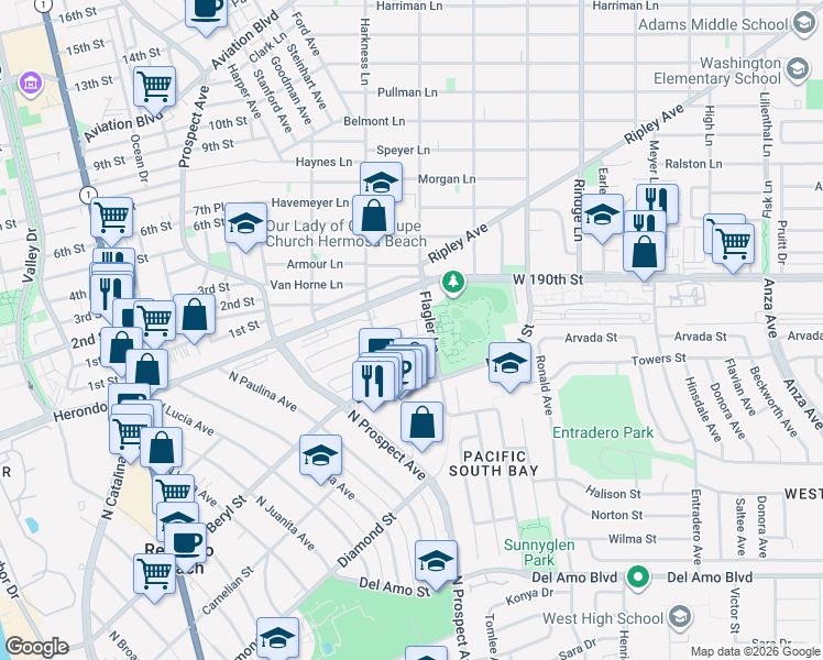 map of restaurants, bars, coffee shops, grocery stores, and more near 1310 Agate Street in Redondo Beach