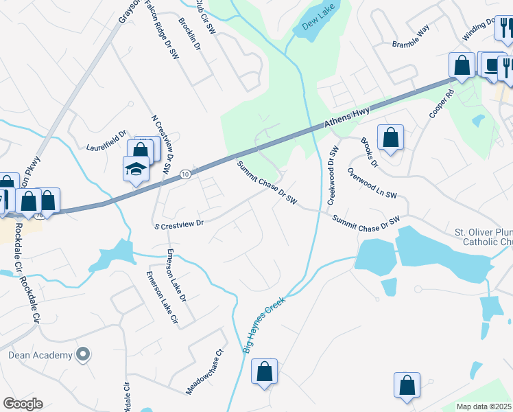map of restaurants, bars, coffee shops, grocery stores, and more near 2860 Summit View Court in Snellville