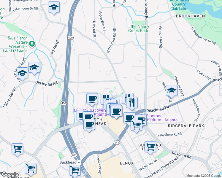 map of restaurants, bars, coffee shops, grocery stores, and more near 13 Conifer Circle Northeast in Atlanta