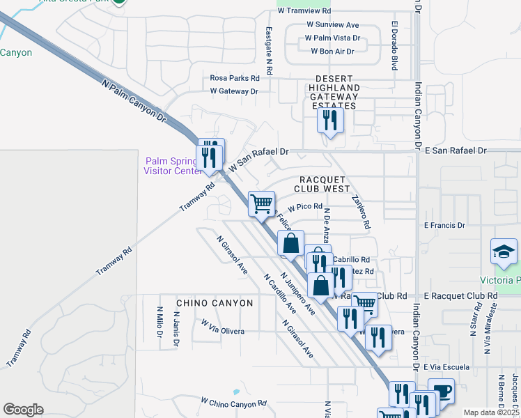 map of restaurants, bars, coffee shops, grocery stores, and more near in Palm Springs