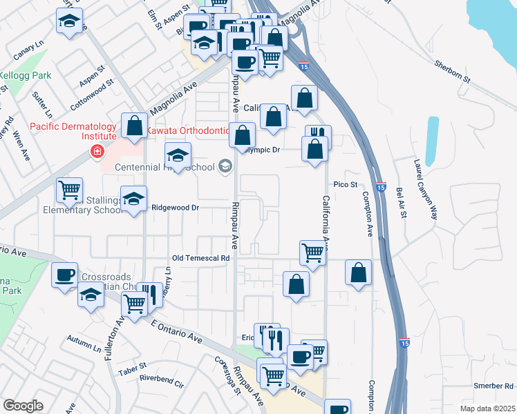 map of restaurants, bars, coffee shops, grocery stores, and more near 1840 Baywood Drive in Corona