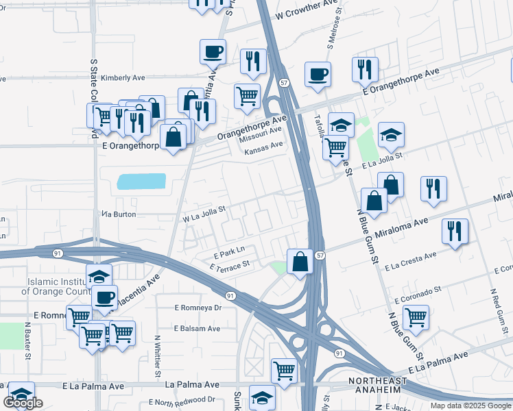 map of restaurants, bars, coffee shops, grocery stores, and more near 700 West La Jolla Street in Placentia