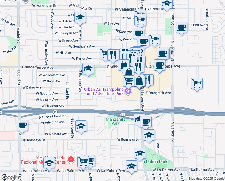 map of restaurants, bars, coffee shops, grocery stores, and more near 1414 South Highland Avenue in Fullerton