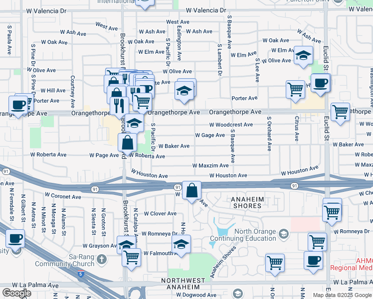 map of restaurants, bars, coffee shops, grocery stores, and more near 1512 West Baker Avenue in Fullerton