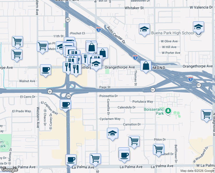 map of restaurants, bars, coffee shops, grocery stores, and more near 8111 Page Street in Buena Park