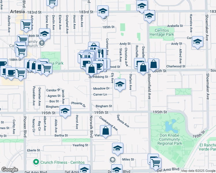 map of restaurants, bars, coffee shops, grocery stores, and more near 12317 192nd Street in Artesia