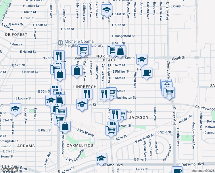 map of restaurants, bars, coffee shops, grocery stores, and more near 5513 Orange Avenue in Long Beach