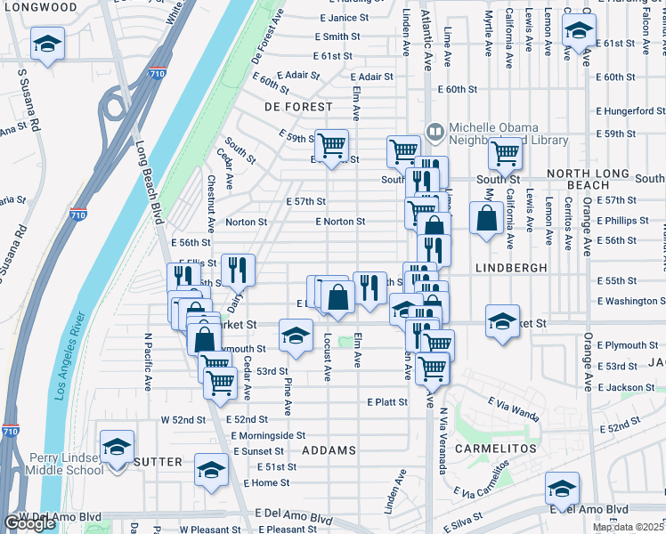 map of restaurants, bars, coffee shops, grocery stores, and more near 314 East Ellis Street in Long Beach