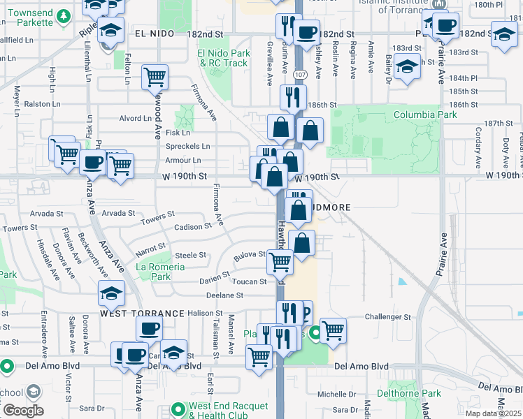 map of restaurants, bars, coffee shops, grocery stores, and more near 4509 Cadison Street in Torrance