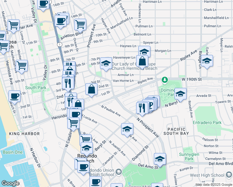 map of restaurants, bars, coffee shops, grocery stores, and more near in Redondo Beach