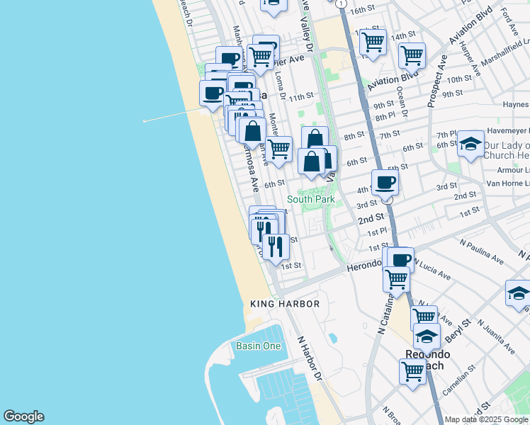 map of restaurants, bars, coffee shops, grocery stores, and more near 109 4th Street in Hermosa Beach