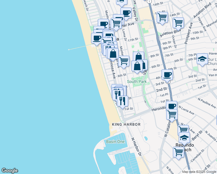 map of restaurants, bars, coffee shops, grocery stores, and more near 420 The Strand in Hermosa Beach