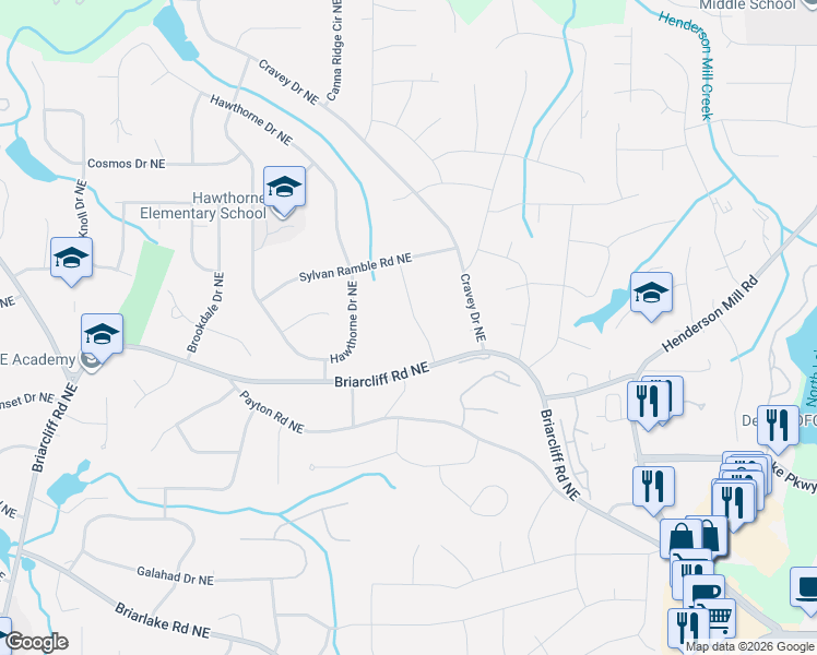 map of restaurants, bars, coffee shops, grocery stores, and more near 2432 Briarmoor Road Northeast in Atlanta
