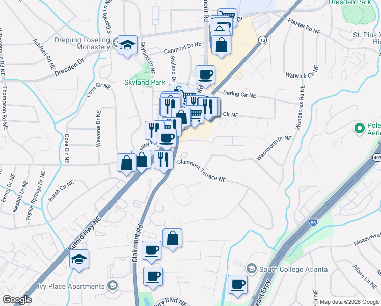map of restaurants, bars, coffee shops, grocery stores, and more near 1886 Greystone Oaks Way in Atlanta