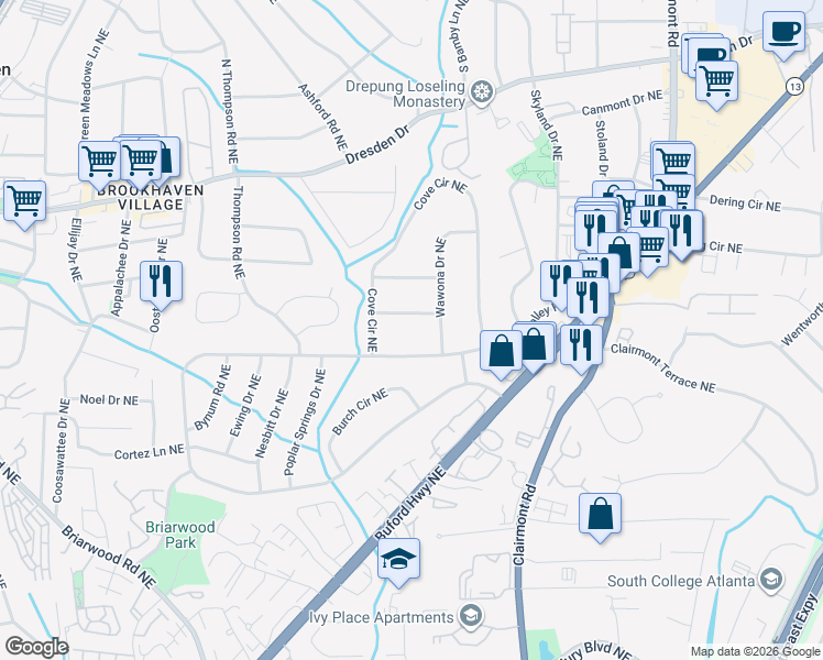 map of restaurants, bars, coffee shops, grocery stores, and more near 1697 Wawona Terrace Northeast in Atlanta