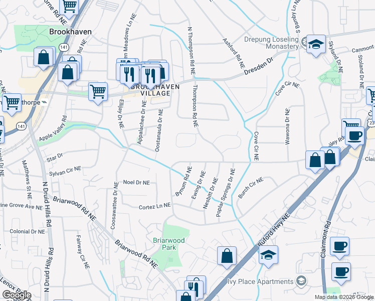 map of restaurants, bars, coffee shops, grocery stores, and more near 1442 Bates Court Northeast in Atlanta