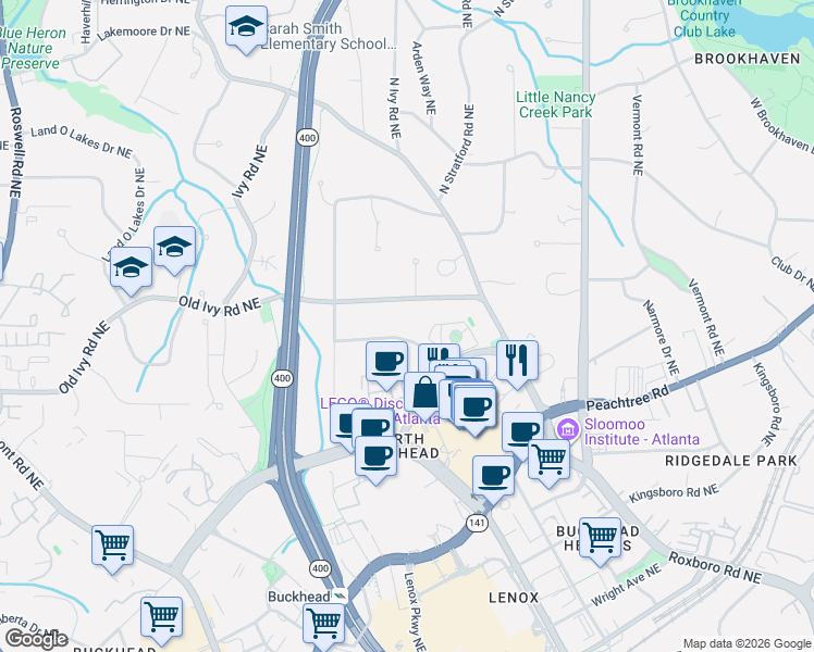 map of restaurants, bars, coffee shops, grocery stores, and more near 696 Longleaf Drive Northeast in Atlanta