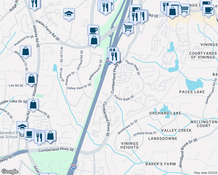 map of restaurants, bars, coffee shops, grocery stores, and more near Unnamed Road in Atlanta