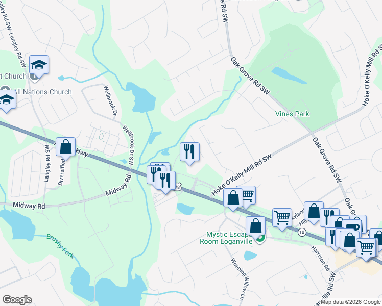 map of restaurants, bars, coffee shops, grocery stores, and more near 3175 Sparrow Creek Drive in Loganville