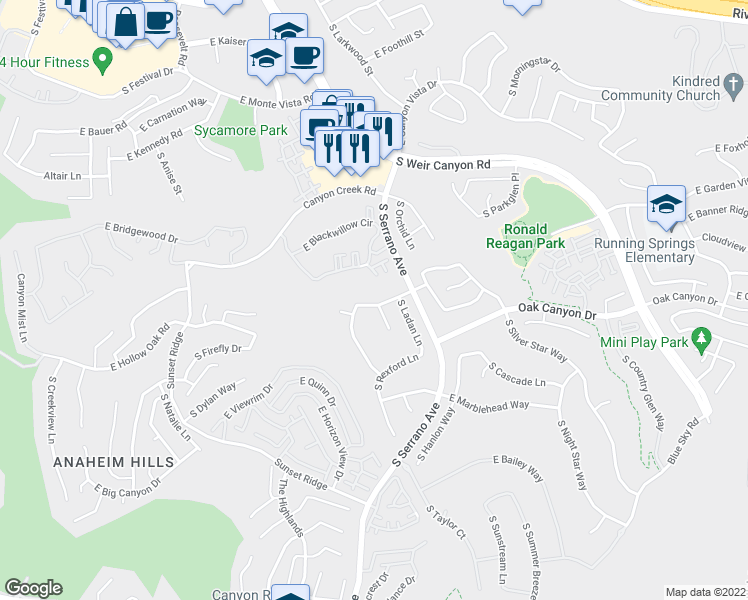 map of restaurants, bars, coffee shops, grocery stores, and more near 8205 East Somerset Lane in Anaheim