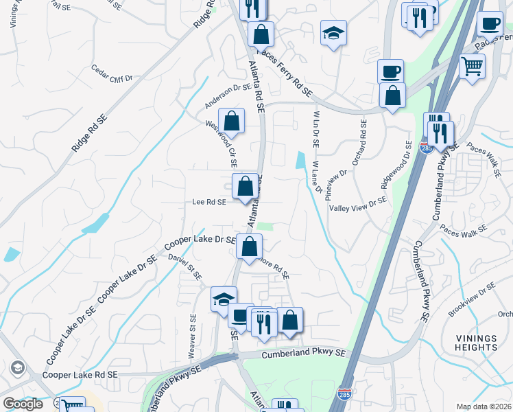 map of restaurants, bars, coffee shops, grocery stores, and more near 3975 Silver Comet Trail Cumberland Connector in Smyrna