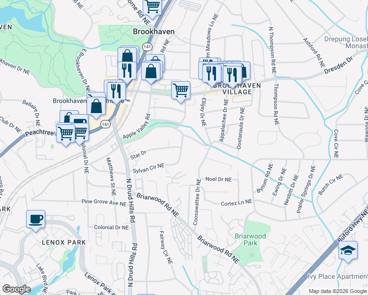 map of restaurants, bars, coffee shops, grocery stores, and more near 1400 Sylvan Circle Northeast in Brookhaven