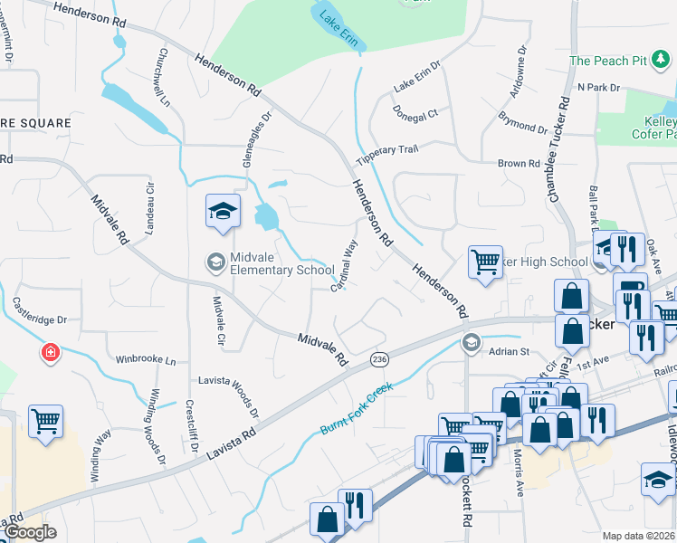 map of restaurants, bars, coffee shops, grocery stores, and more near 2424 Cardinal Way in Tucker