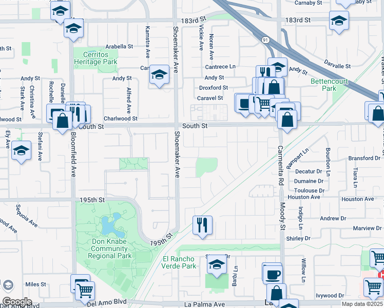 map of restaurants, bars, coffee shops, grocery stores, and more near 19116 Vickie Avenue in Cerritos