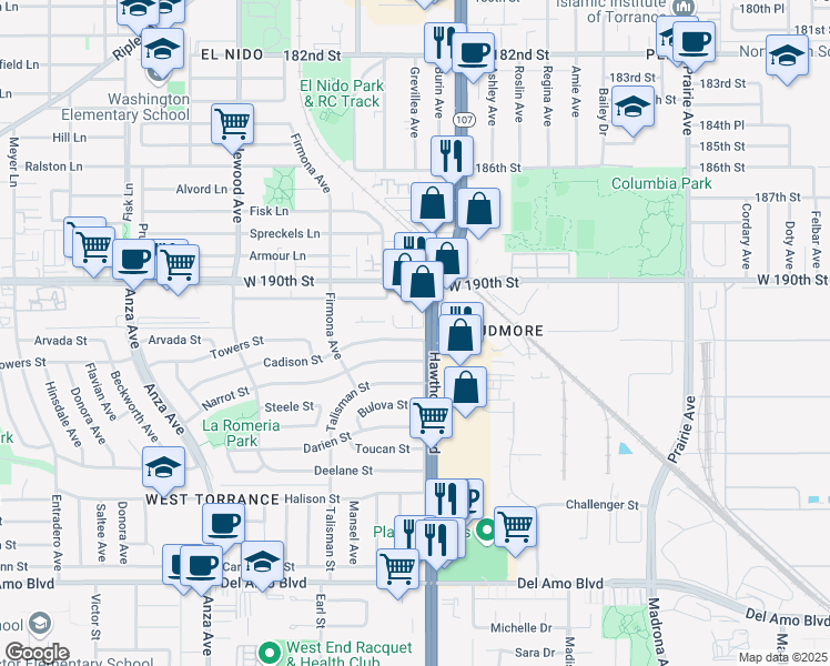 map of restaurants, bars, coffee shops, grocery stores, and more near 4509 Cadison Street in Torrance