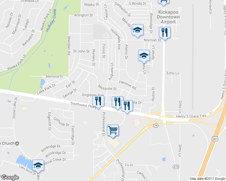 map of restaurants, bars, coffee shops, grocery stores, and more near 1553 Mesquite Street in Wichita Falls