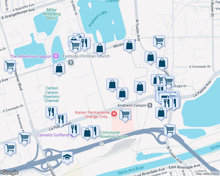 map of restaurants, bars, coffee shops, grocery stores, and more near 1200 North Miller Street in Anaheim