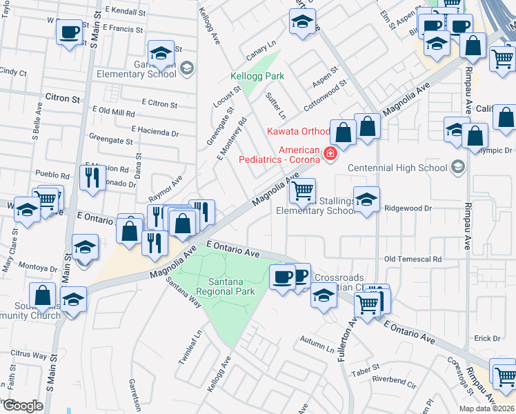 map of restaurants, bars, coffee shops, grocery stores, and more near 604 Magnolia Avenue in Corona