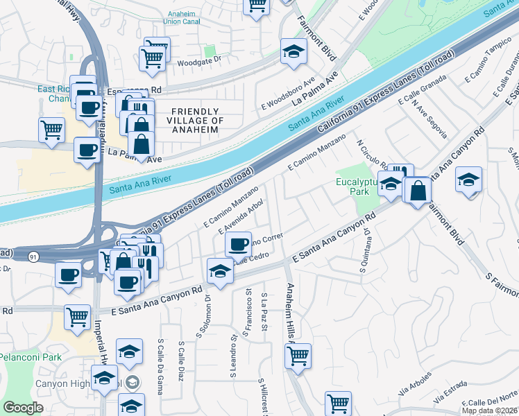 map of restaurants, bars, coffee shops, grocery stores, and more near 6070 East Avenida Arbol in Anaheim
