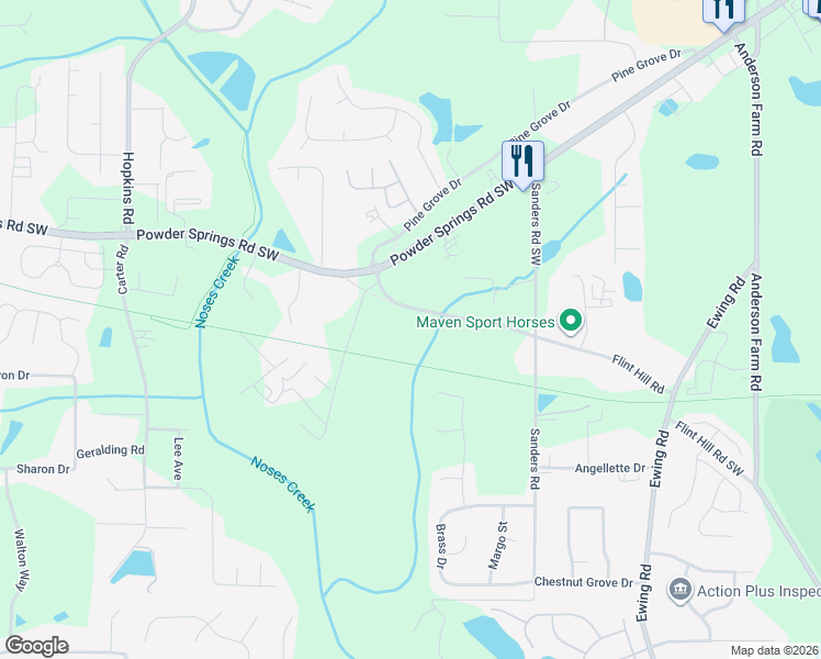 map of restaurants, bars, coffee shops, grocery stores, and more near 3948 Flint Hill Road in Powder Springs