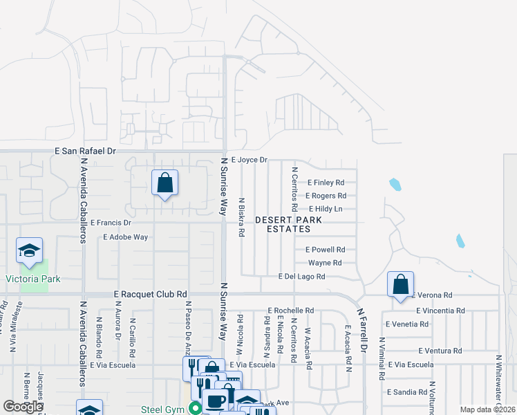 map of restaurants, bars, coffee shops, grocery stores, and more near 2930 North Bahada Road in Palm Springs