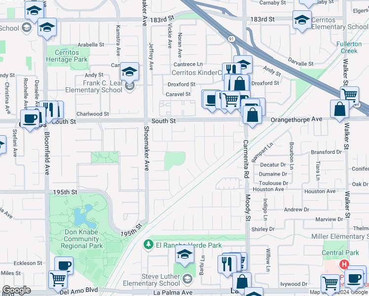 map of restaurants, bars, coffee shops, grocery stores, and more near 13141 Espinheira Drive in Cerritos